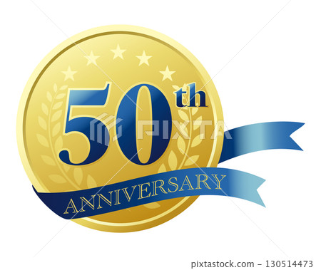 50週年紀念圖示。藍絲帶和獎章。 50週年紀念圖示。藍絲帶和獎章。 130514473
