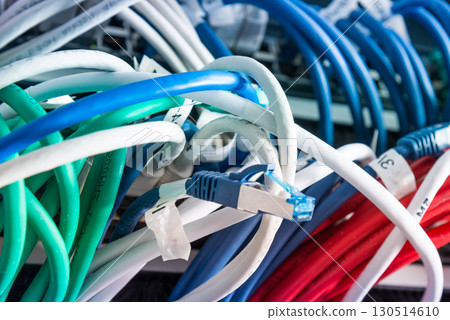 large group of UTP cables, Ethernet cables in rack cabinet, lead large group of UTP cables, Ethernet cables in rack cabinet, lead 130514610