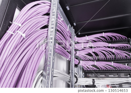 large group of UTP cables, Ethernet cables in rack cabinet, lead 130514653