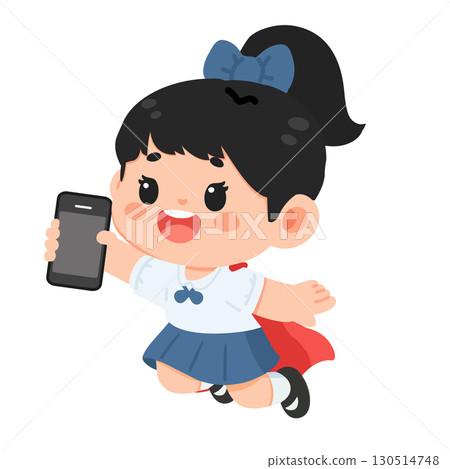 Cartoon Superhero Girl Holding a Smartphone Cartoon Superhero Girl Holding a Smartphone 130514748