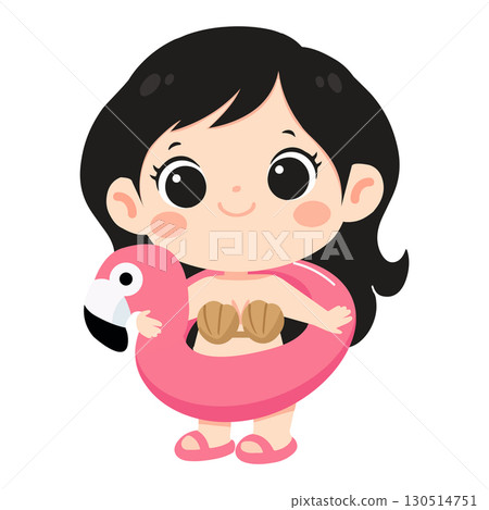 Cute Cartoon Girl with Flamingo Floatie 130514751