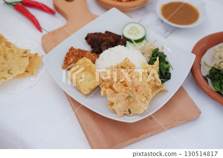 Homemade Indonesian Meal with Tempeh and Tofu 130514817