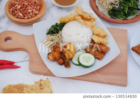 Homemade Indonesian Meal with Tempeh and Tofu Homemade Indonesian Meal with Tempeh and Tofu 130514830