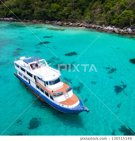 Aerial view of scuba diving boat anchoring over turquoise water at Racha Island in Phuket, Thailand 130515148