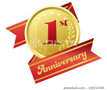 First anniversary icon. Red ribbon and medal. 130515365