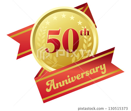 50th anniversary icon. Red ribbon and medal. 50th anniversary icon. Red ribbon and medal. 130515373