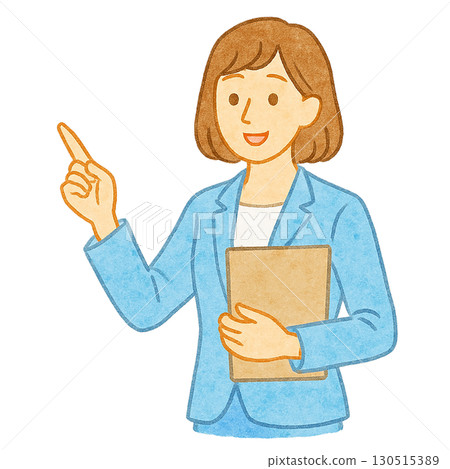 A woman in a suit holding a document and pointing at it Illustration A woman in a suit holding a document and pointing at it Illustration 130515389