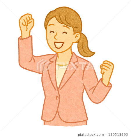 一位穿著西裝的女士高興地揮拳。插圖 130515393