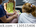 A dental professional demonstrates proper oral hygiene techniques to children during a clinic visit. The atmosphere is educational and interactive, fostering learning in a safe environment. 130515406