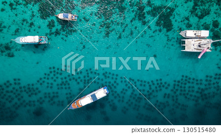 Aerial view of tourboat, yacht catamaran and diving boat anchoring over the artificial reef 130515480