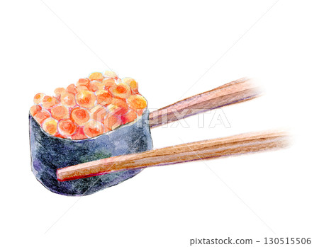 水彩插圖、手繪插圖、用筷子夾的鮭魚子壽司 130515506
