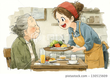 Miyu series: A scene where Miyu is helping an elderly person with a meal Miyu series: A scene where Miyu is helping an elderly person with a meal 130515609