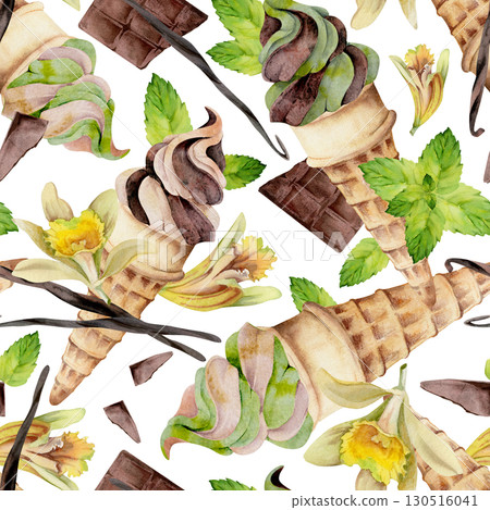 Vanilla and chocolate soft serve in wafer cone with mint sprig, orchid flower seed pods. Isolated seamless pattern illustration hand drawn in watercolor. Sweet cafe, summer snack wrap, flavor sticker. 130516041