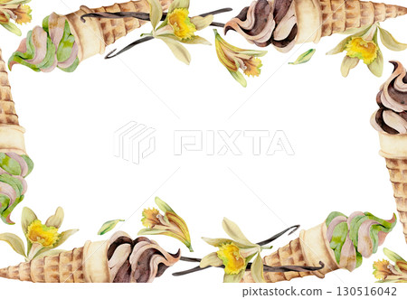 Swirled vanilla soft serve ice cream yoghurt in wafer cone with orchid blossom and pods. Isolated border frame illustration hand drawn in watercolor. Frozen menu art, sweet decor, snack product sheet. 130516042