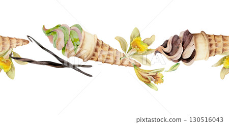 Soft ice cream wafer cone with vanilla flower and pod hand drawn in watercolor, chocolate matcha pistachio mint flavor. Isolated seamless banner border header. Artisan dessert branding wrap, cafe menu Soft ice cream wafer cone with vanilla flower and pod hand drawn in watercolor, chocolate matcha pistachio mint flavor. Isolated seamless banner border header. Artisan dessert branding wrap, cafe menu 130516043