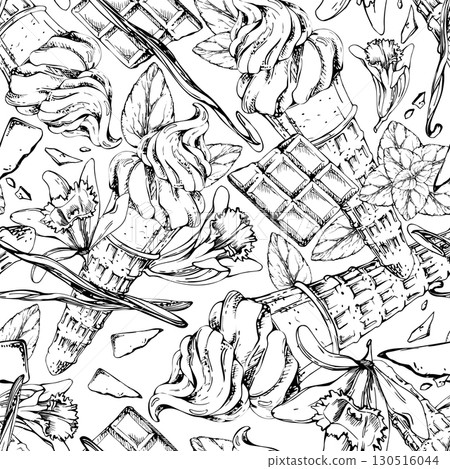 Wafer cone of soft serve ice cream with chocolate bar, mint sprig, orchid flower pods. graphic seamless pattern illustration hand drawn in vector ink. Party decor, childrens menu, birthday planner 130516044