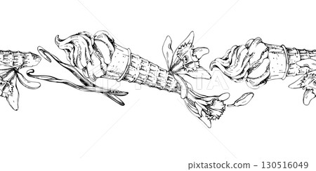 Soft ice cream swirl in wafer cone with vanilla flower, seed pod, hand drawn detailed line sketch in ink and pen. Vector graphic seamless banner border header. Ice cream flavor poster, food blog asset 130516049