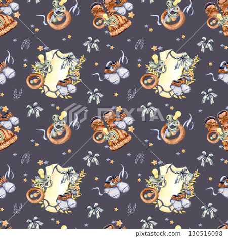 Seamless pattern with baby clothes, pacifiers, teethers and bows on dark background watercolor illustration Seamless pattern with baby clothes, pacifiers, teethers and bows on dark background watercolor illustration 130516098
