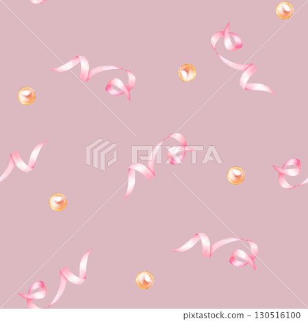 Watercolor seamless pattern with pink ribbons and gold pearls, hand drawn. 130516100