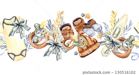 Seamless border with baby clothes, pacifiers, teethers and leafy branches watercolor illustration 130516102