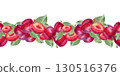 Seamless watercolor border with hand drawn red and burgundy plums halves of plums and leaves.Isolated on a white background. 130516376