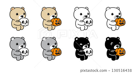 Bear vector halloween pumpkin jack o lantern skull polar bear sitting icon teddy cartoon character doodle logo illustration symbol design 130516438