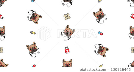 dog seamless pattern french bulldog doctor puppy cartoon doodle stethoscope medicine capsule hospital eyeglasses eyewear pet tile background gift wrapping paper repeat wallpaper illustration 130516445