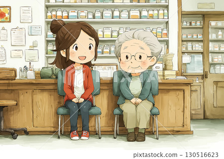 Miyu series: Miyu is sitting in the waiting area with elderly people 130516623