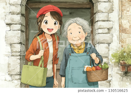 A scene where Miyu supports the elderly by carrying an eco bag 130516625