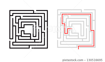 complex square maze with a black outline and a separate version showing the solved path in red. A versatile graphic for problem-solving, games, and educational materials 130516695