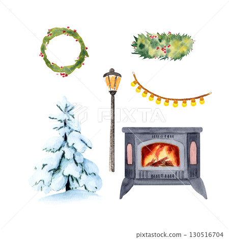 Snowy tree, festive wreath with berries, glowing garland, vintage lantern, warm fireplace. Watercolor set of cozy winter Christmas elements. Perfect for cards, posters, packaging, and seasonal design Snowy tree, festive wreath with berries, glowing garland, vintage lantern, warm fireplace. Watercolor set of cozy winter Christmas elements. Perfect for cards, posters, packaging, and seasonal design 130516704