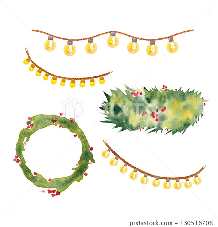Pine wreath with berries, garlands of glowing lights, evergreen branches watercolor set isolated on white. Perfect for greeting cards, holiday invitations, posters, packaging, seasonal design Pine wreath with berries, garlands of glowing lights, evergreen branches watercolor set isolated on white. Perfect for greeting cards, holiday invitations, posters, packaging, seasonal design 130516708