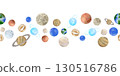 Seamless watercolor border with hand-drawn planets of the solar system: Mercury, Venus, Earth, Mars, Jupiter, Saturn, Uranus, Neptune. Isolated on white background. 130516786
