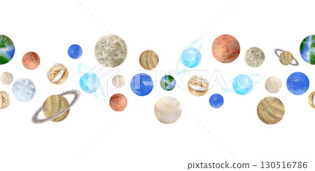 Seamless watercolor border with hand-drawn planets of the solar system: Mercury, Venus, Earth, Mars, Jupiter, Saturn, Uranus, Neptune. Isolated on white background. Seamless watercolor border with hand-drawn planets of the solar system: Mercury, Venus, Earth, Mars, Jupiter, Saturn, Uranus, Neptune. Isolated on white background. 130516786
