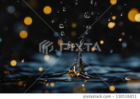 Dynamic water splash with numerous droplets falling onto a dark rippling surface, illuminated by shimmering golden bokeh lights in the black background. Dynamic water splash with numerous droplets falling onto a dark rippling surface, illuminated by shimmering golden bokeh lights in the black background. 130516851