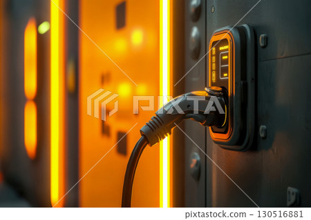 Electric vehicle power plug inserted into a sleek charging station with glowing orange lights. Sustainable energy technology for future green transportation. 130516881