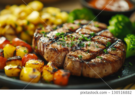 Delicious grilled beef steak with fresh parsley, served on a dark plate. Accompanied by roasted colorful vegetables, broccoli, and golden potatoes. 130516882
