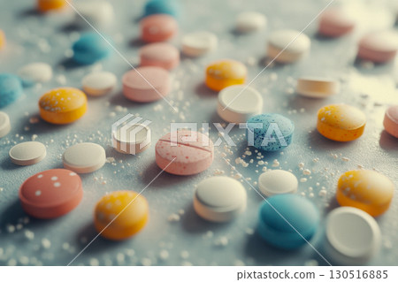 Vibrant colorful pills and round tablets scattered on a grey surface. Assorted bright medical medication for health and wellness. Close up pharmaceutical treatment. Vibrant colorful pills and round tablets scattered on a grey surface. Assorted bright medical medication for health and wellness. Close up pharmaceutical treatment. 130516885