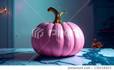 Pastel Pink Pumpkin with Gold Stem on Marble Surface. Hallowen Concept. Generated Image 130516923