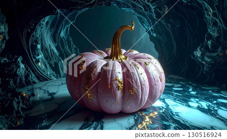 Pastel Pink Pumpkin with Gold Stem on Marble Surface. Hallowen Concept. Generated Image 130516924