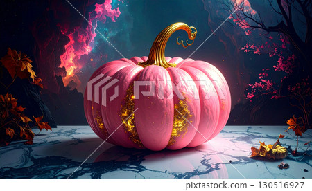 Pastel Pink Pumpkin with Gold Stem on Marble Surface. Hallowen Concept. Generated Image Pastel Pink Pumpkin with Gold Stem on Marble Surface. Hallowen Concept. Generated Image 130516927
