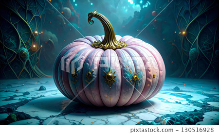 Pastel Pink Pumpkin with Gold Stem on Marble Surface. Hallowen Concept. Generated Image 130516928