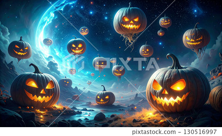 Zero Gravity Pumpkins Floating in Dark Space. Hallowen Concept. Generated Image 130516997