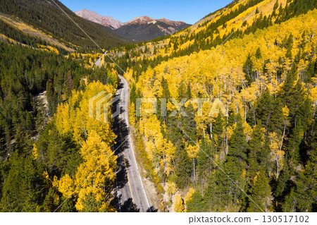 Aerial view of rural road winding through the yellow aspen forest in Colorado, USA 130517102