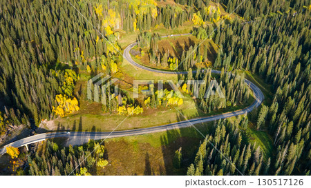 Aerial drone footage of S curve road winding through green pine and aspen forest Aerial drone footage of S curve road winding through green pine and aspen forest 130517126