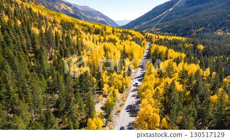 Aerial view of rural road winding through the yellow aspen forest during fall in Colorado, USA 130517129