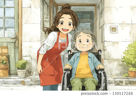 A scene where Miyu is walking outdoors pushing an elderly person's wheelchair 130517288