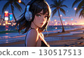 Illustration of a beautiful woman listening to music on the beach 130517513