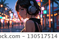 Illustration of a beautiful woman listening to music in a town by the beach 130517514