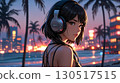 Illustration of a beautiful woman listening to music on the beach 130517515